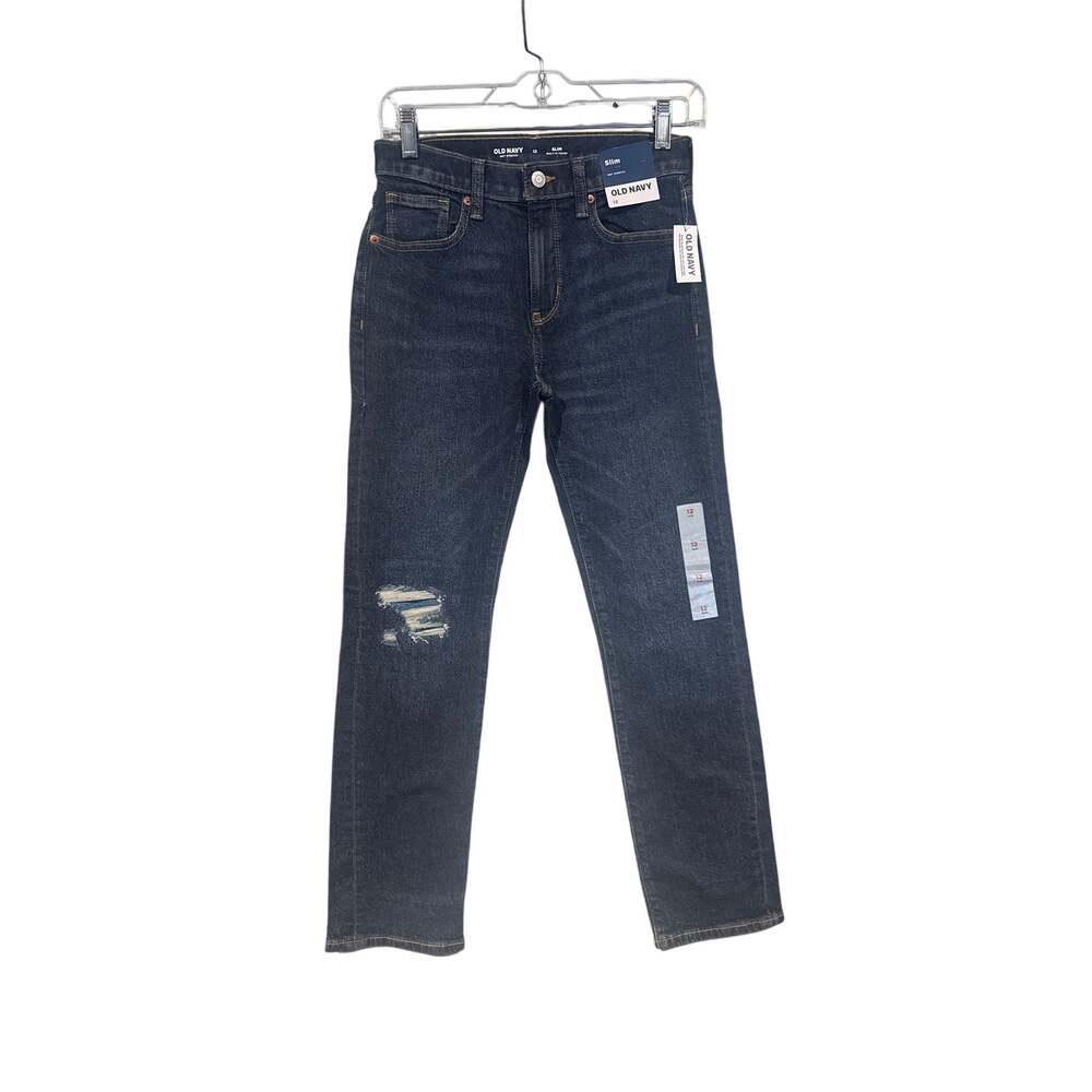 Old Navy Boys Slim Jeans Size 12 Dark Wash Distressed Ripped Knee Stretch NWT